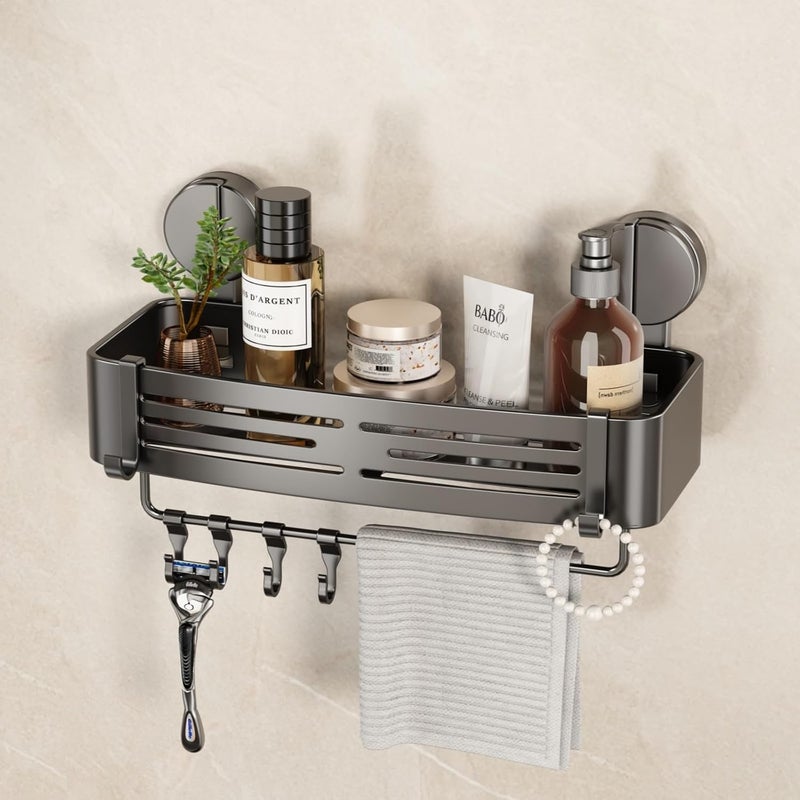 VOLPONE Shower Caddy Suction Cup No Drilling Suction Cup Shower Shelf Heavy Duty Bathroom Shower Organizer Storage Rack Adhesive with Towel Bar Hooks (1-Pack, Matte Gray) - Image 1